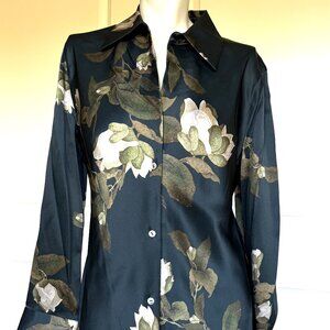 NWOT VINCE 'CAMELLIA' SILK FLORAL FOREST GREEN BLOUSE SIZE: S/P